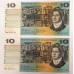 AUSTRALIA 1966 . TEN 10 DOLLAR BANKNOTE . COOMBS/WILSON . CONSECUTIVE PAIR . FIRST PREFIX SAA